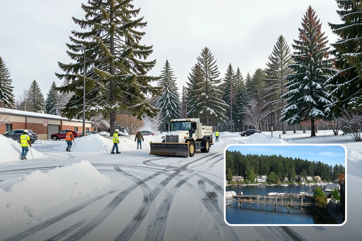 Condominium Parking Lot Snow Removal in Gig Harbor, Pierce County, WA - Owner and guest stalls are cleared without residents shoveling their own spaces