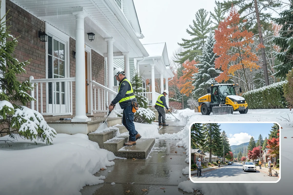 Condominium Parking Lot Snow Removal in Hunts Point, King County, WA - Owner and guest stalls are cleared without residents shoveling their own spaces