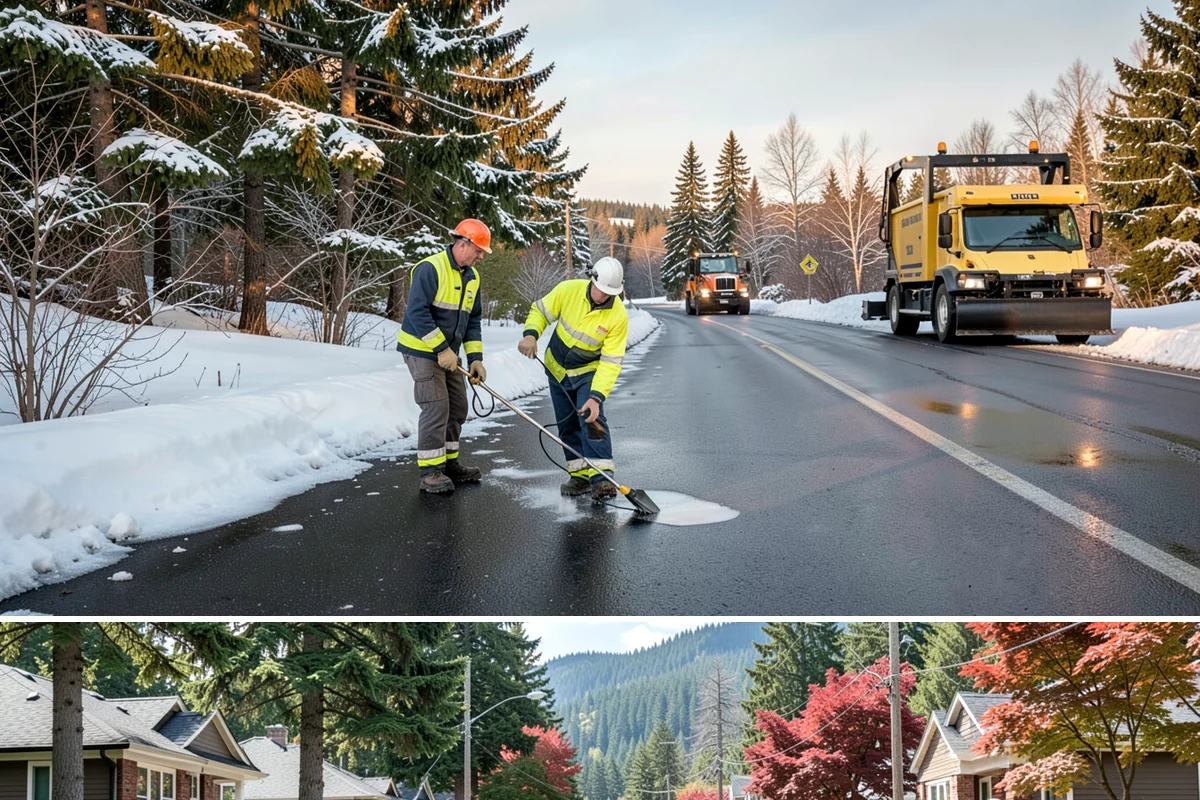 Condominium Parking Lot Snow Removal in Hunts Point, King County, WA - Condominium lots in the Puget Sound region see peak snow activity from mid-December through February during repeated freeze-thaw...