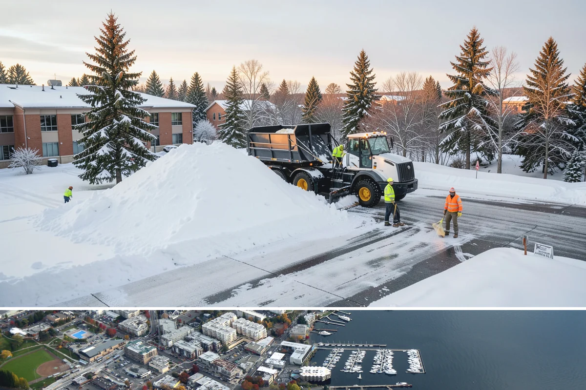 Condominium Parking Lot Snow Removal in Kirkland, King County, WA - Condominium lots in the Puget Sound region see peak snow activity from mid-December through February during repeated freeze-thaw...