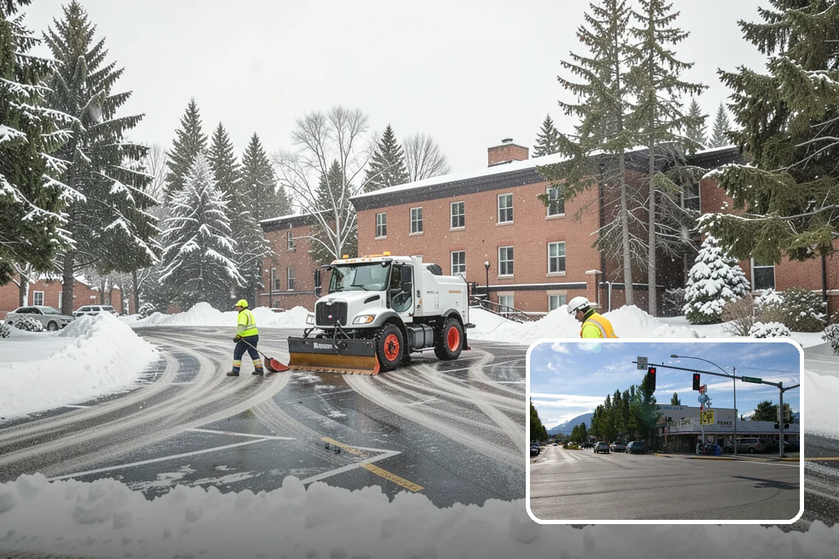 Condominium Parking Lot Snow Removal in North Bend, King County, WA - Owner and guest stalls are cleared without residents shoveling their own spaces