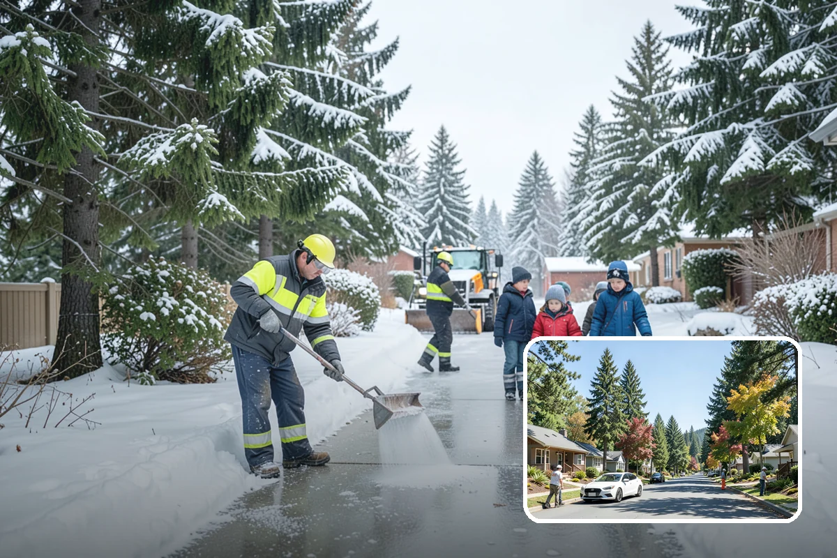 Condominium Parking Lot Snow Removal in Orting, Pierce County, WA - Owner and guest stalls are cleared without residents shoveling their own spaces