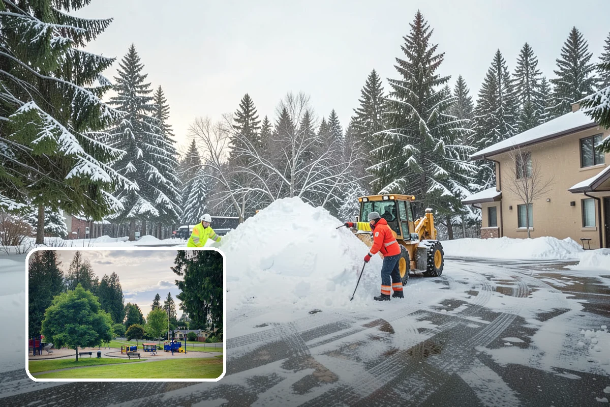 Condominium Snow Plowing in Bonney Lake, Pierce County, WA - Interior drive lanes and visitor stalls cleared without blocking deeded spaces
