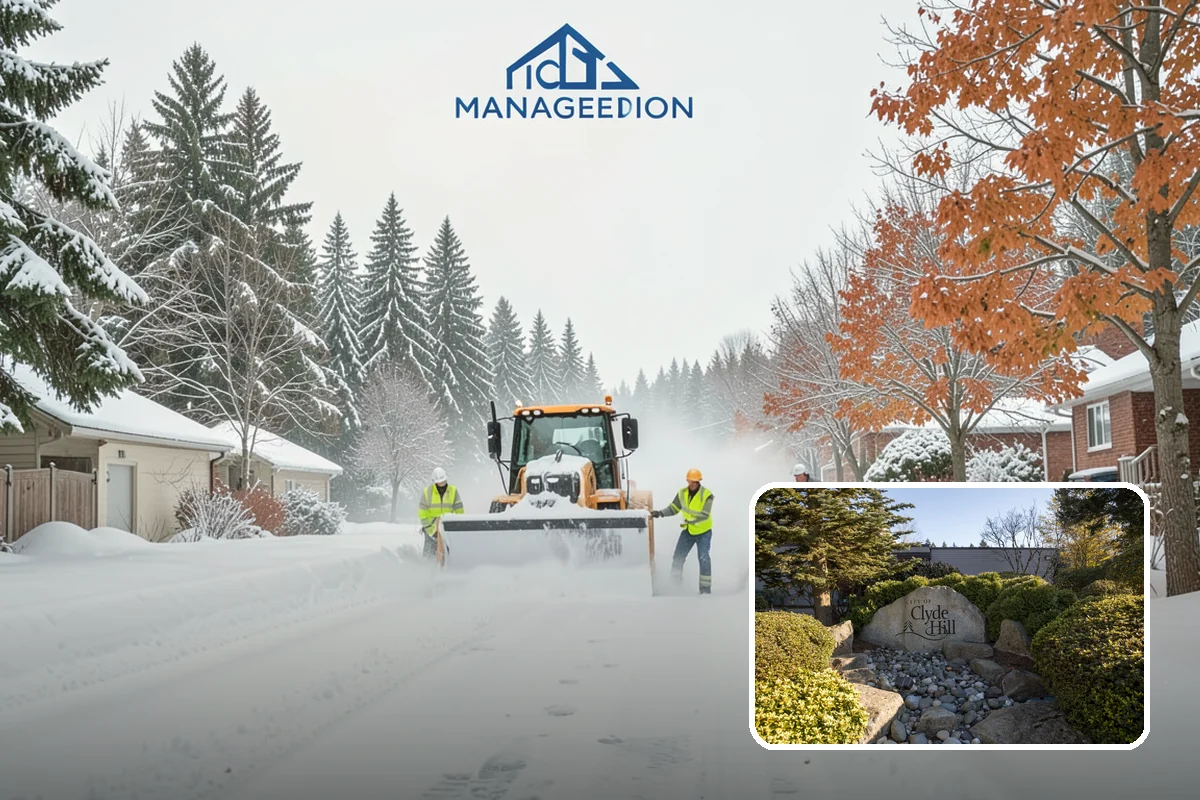 Condominium Snow Plowing in Clyde Hill, King County, WA - Interior drive lanes and visitor stalls cleared without blocking deeded spaces