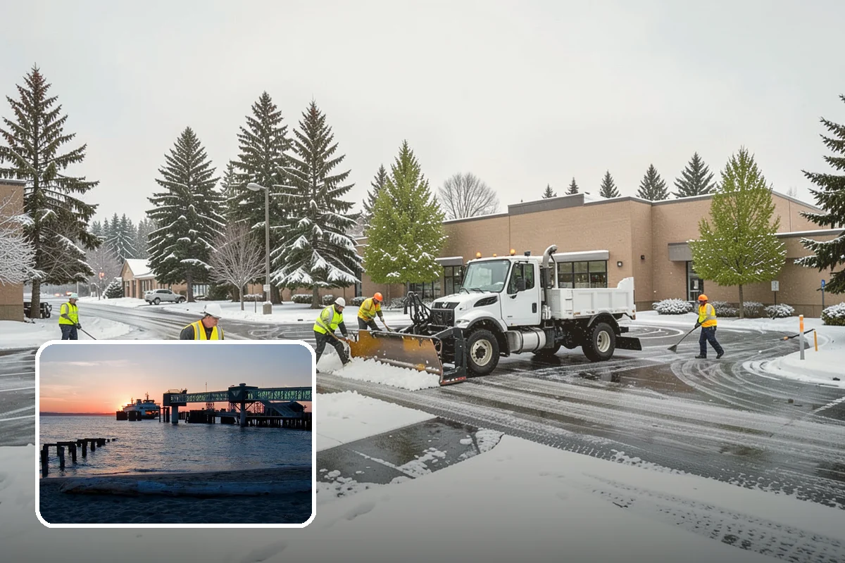 Condominium Snow Plowing in Edmonds, Snohomish County, WA - Interior drive lanes and visitor stalls cleared without blocking deeded spaces