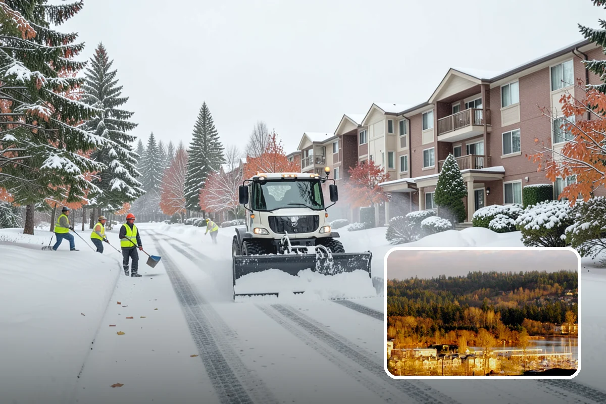 Condominium Snow Plowing in Kenmore, King County, WA - Interior drive lanes and visitor stalls cleared without blocking deeded spaces