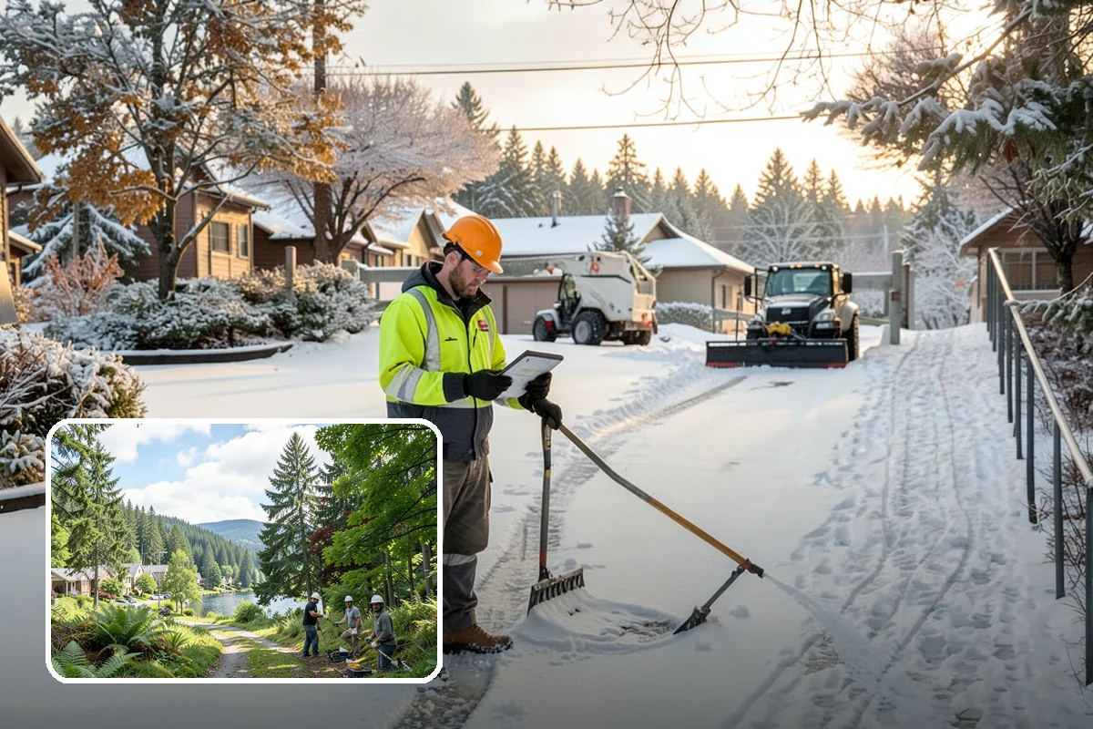 Condominium Snow Plowing in Lake Forest Park, King County, WA - Interior drive lanes and visitor stalls cleared without blocking deeded spaces