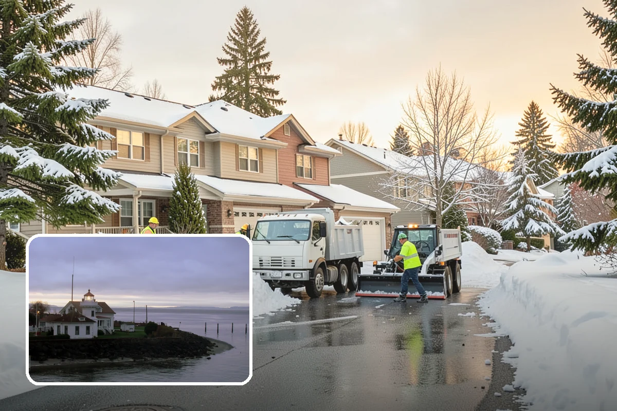 Condominium Snow Plowing in Mukilteo, Snohomish County, WA - Interior drive lanes and visitor stalls cleared without blocking deeded spaces