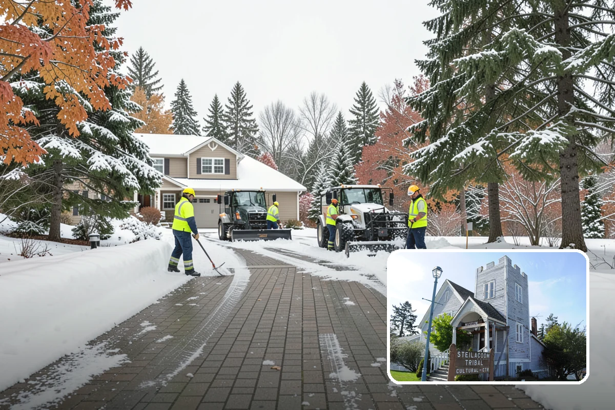 Condominium Snow Plowing in Steilacoom, Pierce County, WA - Interior drive lanes and visitor stalls cleared without blocking deeded spaces