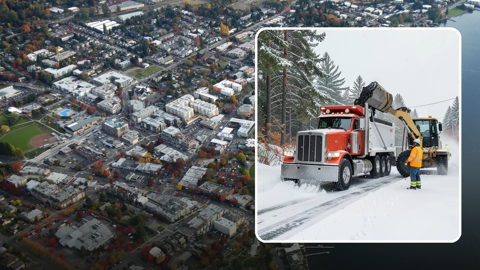 Construction Site Snow Removal in Kirkland, King County, WA - We keep active Western Washington job sites open by clearing access roads, staging areas, and material yards so winter weather...