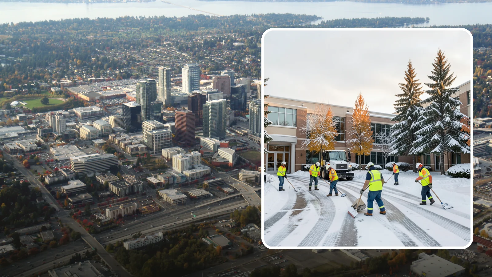 Corporate Campus Snow Removal in Bellevue, King County, WA - For sprawling corporate campuses, we clear internal roads, structured-garage approaches, and courtyards so your workforce and...