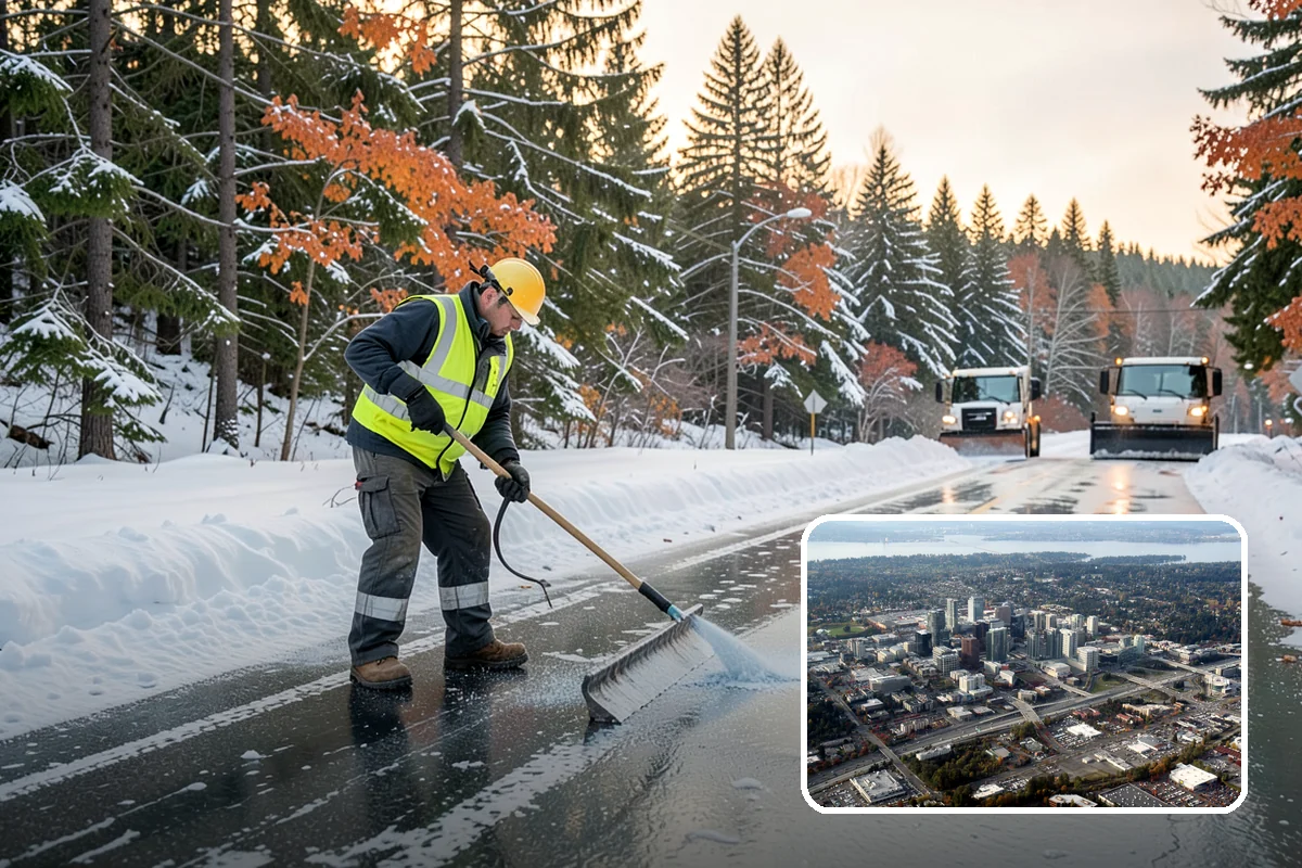 Corporate Campus Snow Removal in Bellevue, King County, WA - Internal roads and garage ramps prioritized