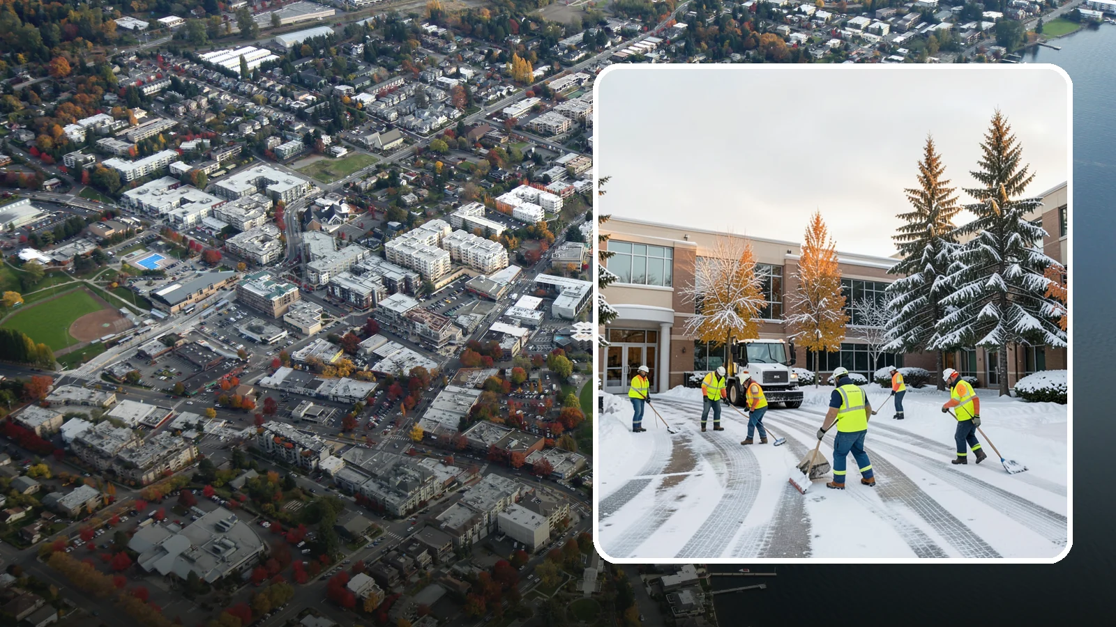 Corporate Campus Snow Removal in Kirkland, King County, WA - For sprawling corporate campuses, we clear internal roads, structured-garage approaches, and courtyards so your workforce and...