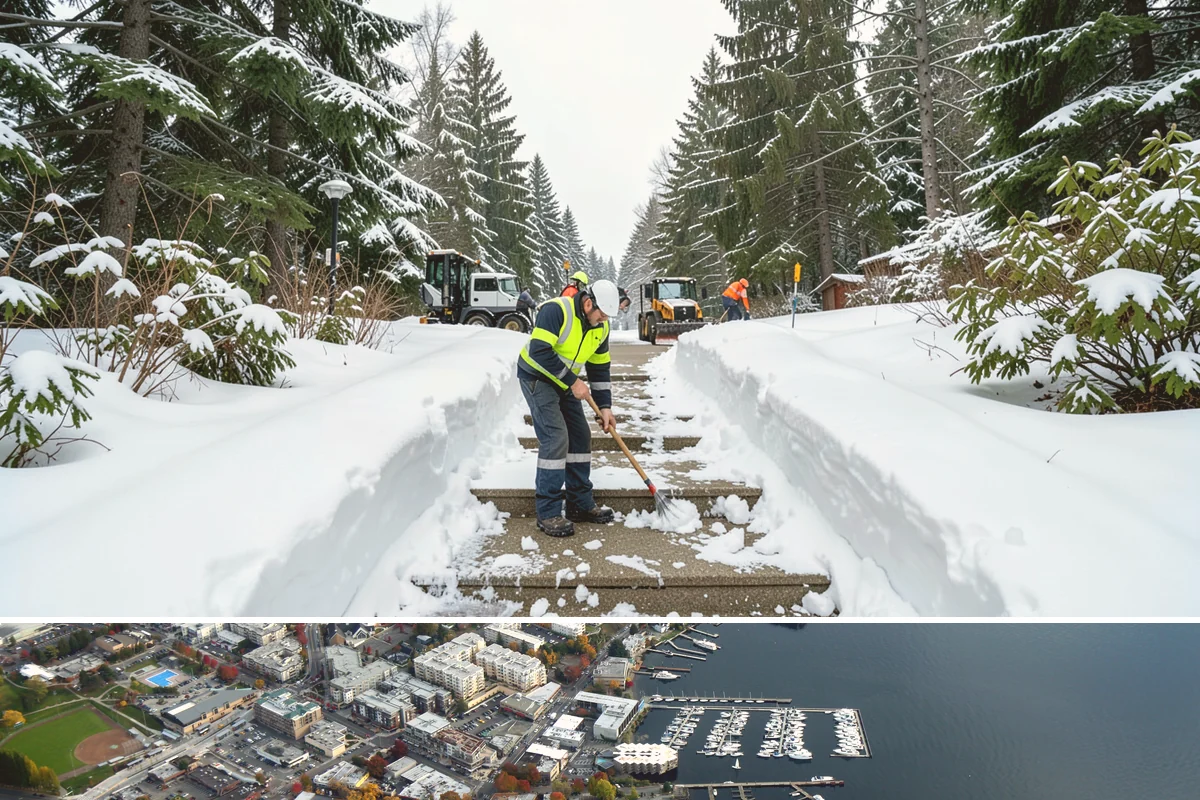 Corporate Campus Snow Removal in Kirkland, King County, WA - Campus demand runs December through February, with foothill locations sometimes needing March coverage.