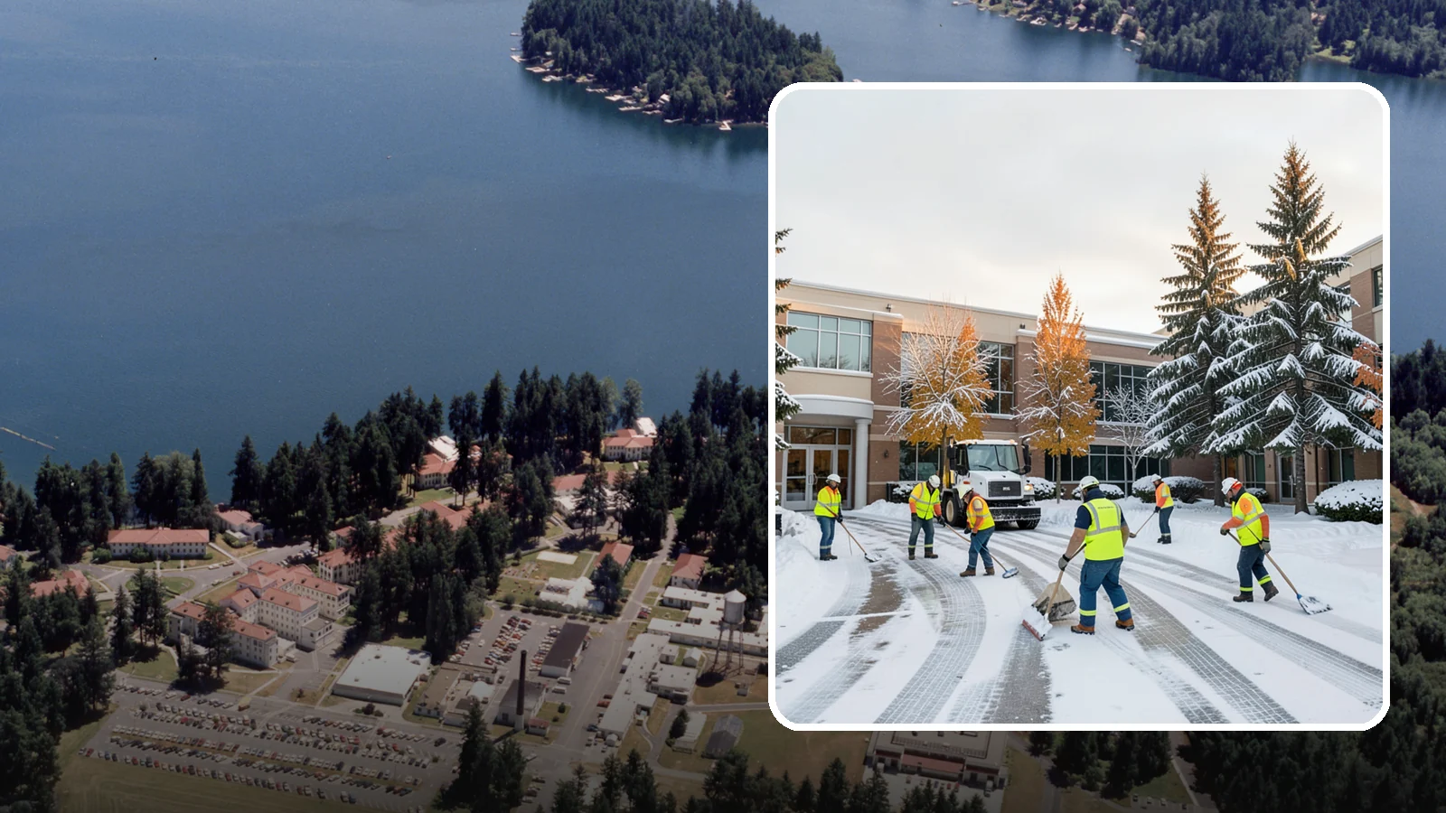 Corporate Campus Snow Removal in Lakewood, Pierce County, WA - For sprawling corporate campuses, we clear internal roads, structured-garage approaches, and courtyards so your workforce and...