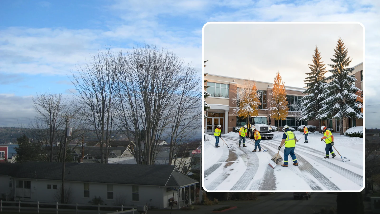 Corporate Campus Snow Removal in Langley, Island County, WA - For sprawling corporate campuses, we clear internal roads, structured-garage approaches, and courtyards so your workforce and...
