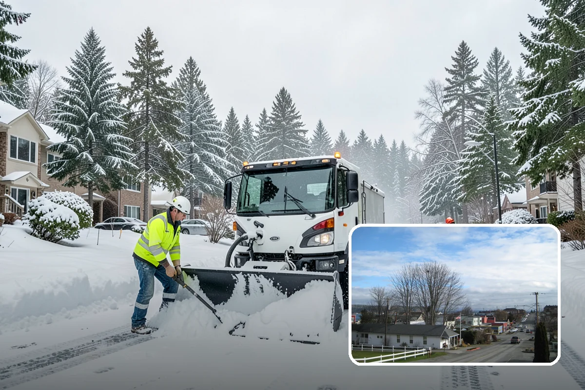 Corporate Campus Snow Removal in Langley, Island County, WA - Internal roads and garage ramps prioritized