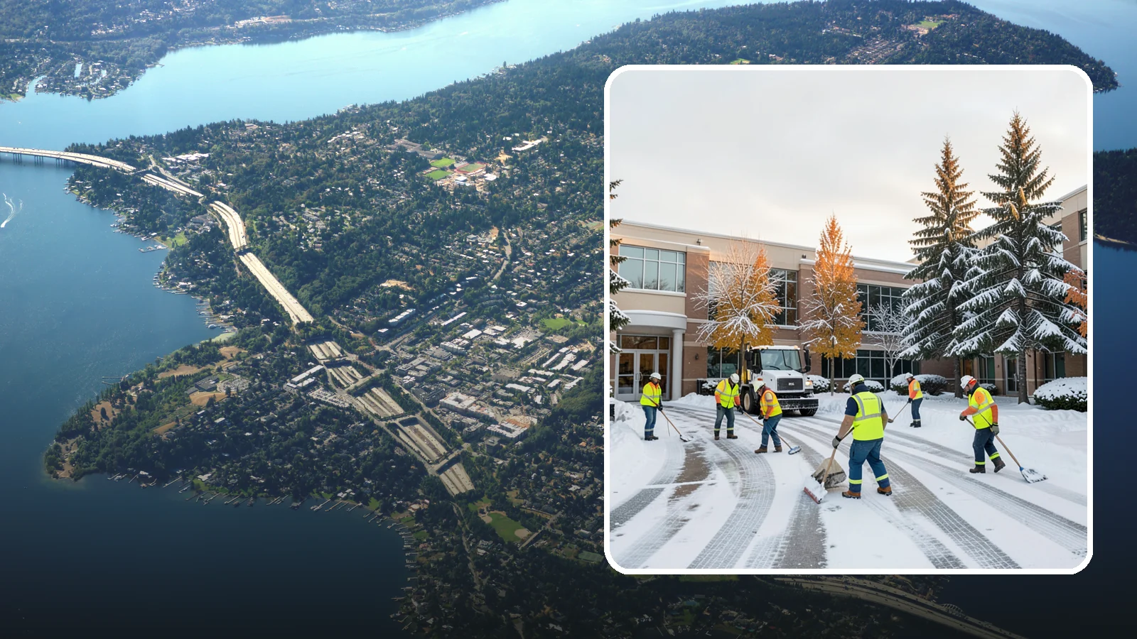 Corporate Campus Snow Removal in Mercer Island, King County, WA - For sprawling corporate campuses, we clear internal roads, structured-garage approaches, and courtyards so your workforce and...
