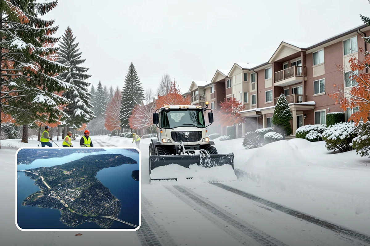 Corporate Campus Snow Removal in Mercer Island, King County, WA - Internal roads and garage ramps prioritized