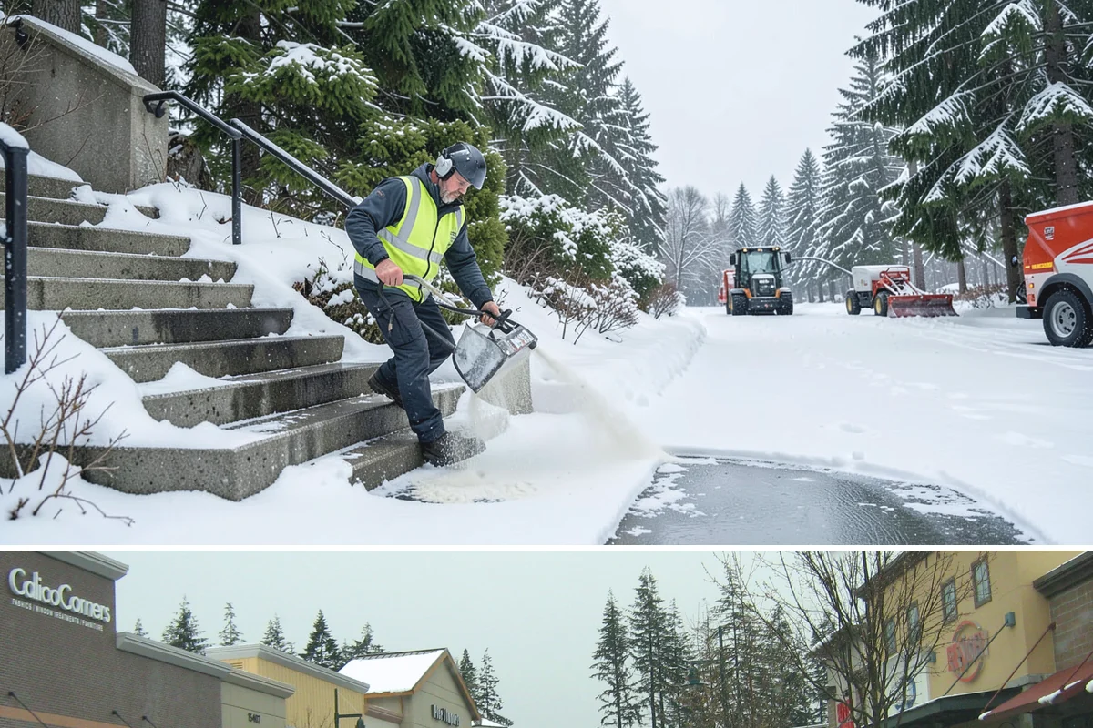 Corporate Campus Snow Removal in Mill Creek, Snohomish County, WA - Campus demand runs December through February, with foothill locations sometimes needing March coverage.