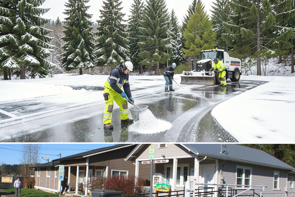 Corporate Campus Snow Removal in South Prairie, Pierce County, WA - Campus demand runs December through February, with foothill locations sometimes needing March coverage.