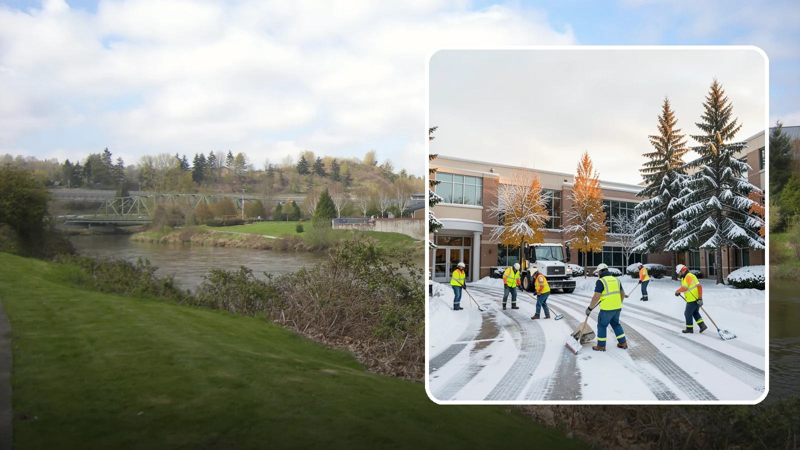 Corporate Campus Snow Removal in Tukwila, King County, WA - For sprawling corporate campuses, we clear internal roads, structured-garage approaches, and courtyards so your workforce and...
