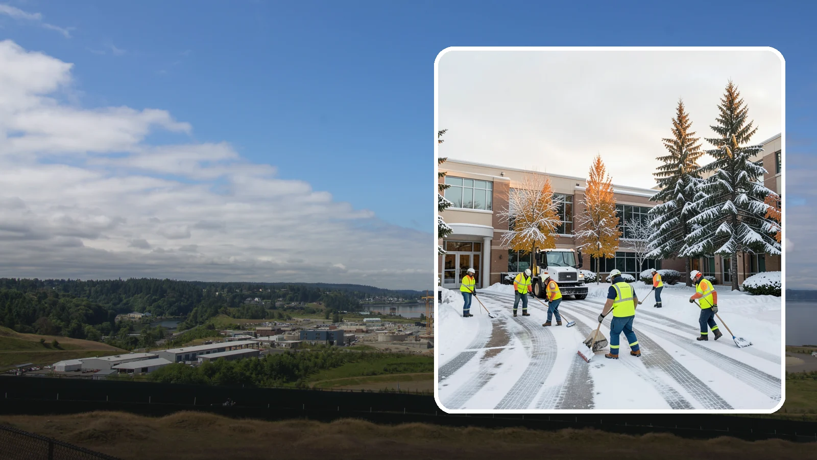 Corporate Campus Snow Removal in University Place, Pierce County, WA - For sprawling corporate campuses, we clear internal roads, structured-garage approaches, and courtyards so your workforce and...