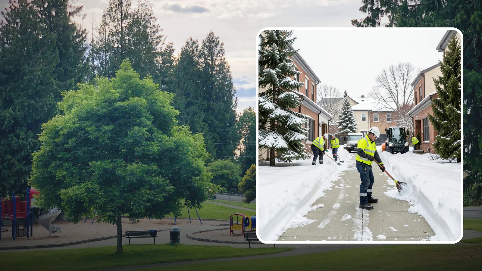 Courtyard Clearing in Bonney Lake, Pierce County, WA - Clearing of enclosed courtyards where snow gets trapped between buildings and lingers well past the first thaw.