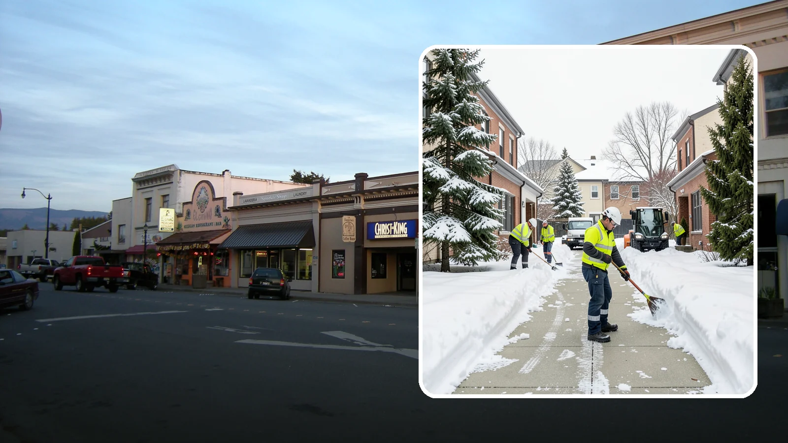 Courtyard Clearing in Burlington, Skagit County, WA - Clearing of enclosed courtyards where snow gets trapped between buildings and lingers well past the first thaw.