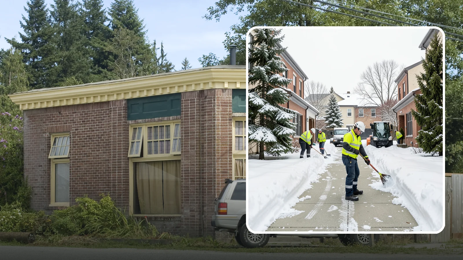 Courtyard Clearing in Hamilton, Skagit County, WA - Clearing of enclosed courtyards where snow gets trapped between buildings and lingers well past the first thaw.