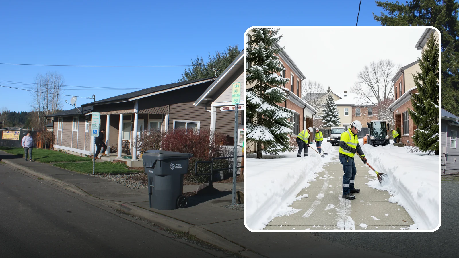 Courtyard Clearing in South Prairie, Pierce County, WA - Clearing of enclosed courtyards where snow gets trapped between buildings and lingers well past the first thaw.