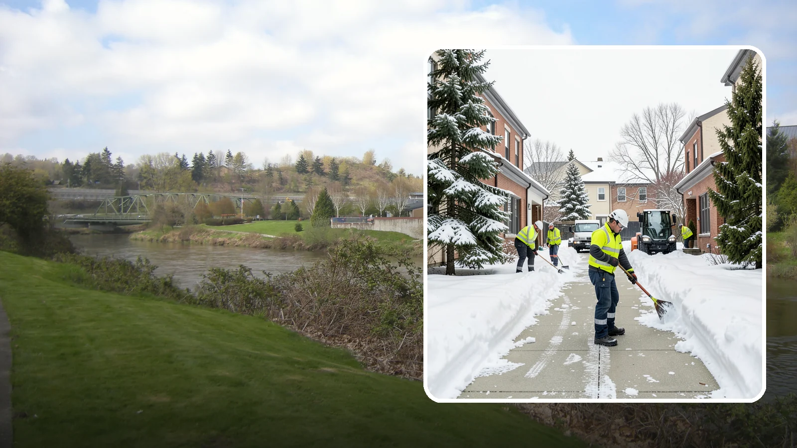 Courtyard Clearing in Tukwila, King County, WA - Clearing of enclosed courtyards where snow gets trapped between buildings and lingers well past the first thaw.