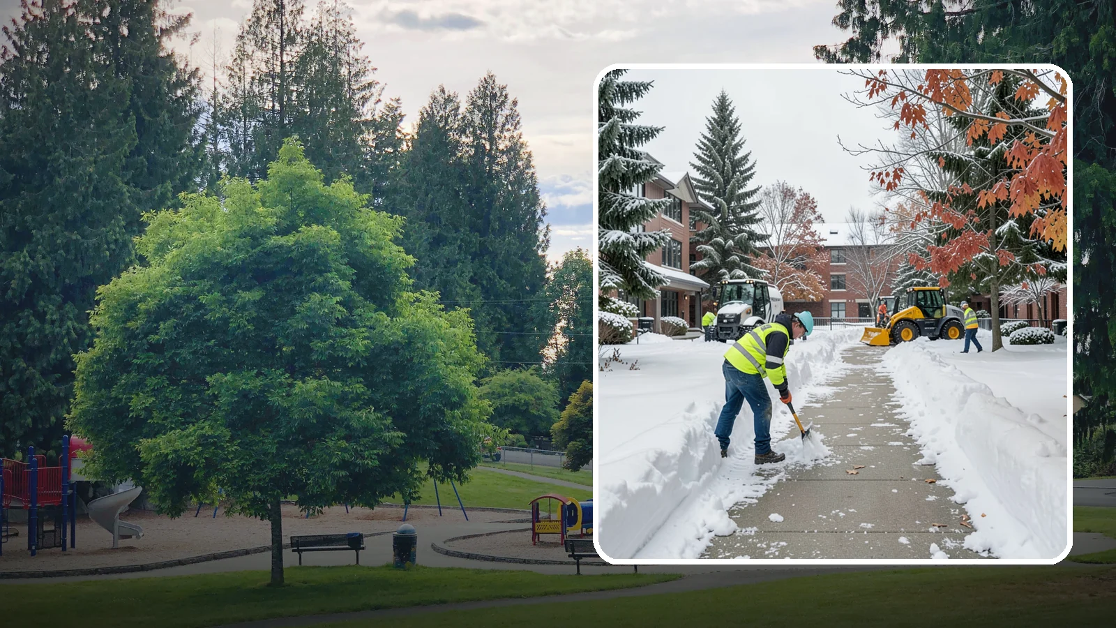 Courtyard Snow Removal in Bonney Lake, Pierce County, WA - We remove snow from enclosed courtyards and interior common areas so residents and staff can cross them safely in Western...