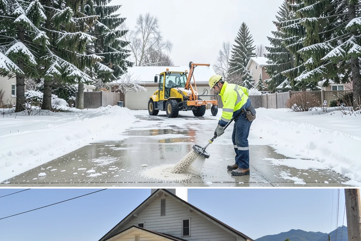 Courtyard Snow Removal in Concrete, Skagit County, WA - Cleared after every snow event through the season since enclosed courtyards thaw slowly in our climate.