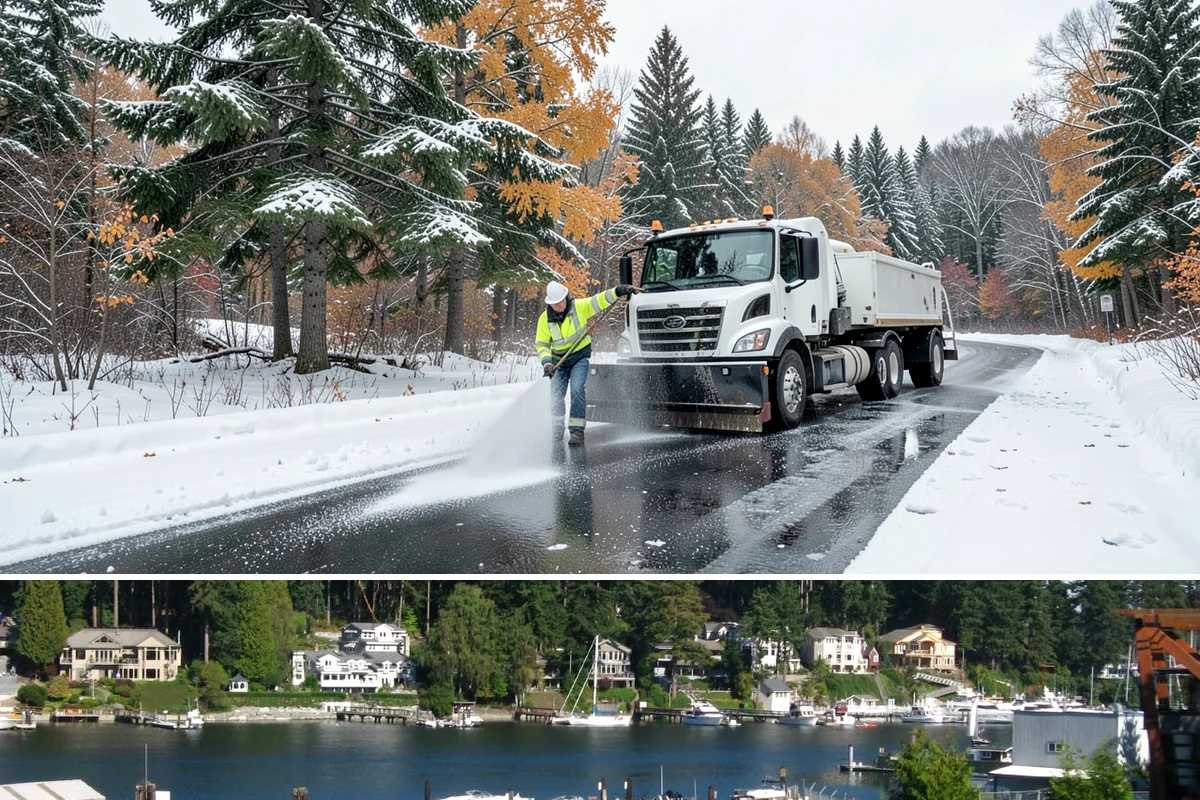 Courtyard Snow Removal in Gig Harbor, Pierce County, WA - Cleared after every snow event through the season since enclosed courtyards thaw slowly in our climate.