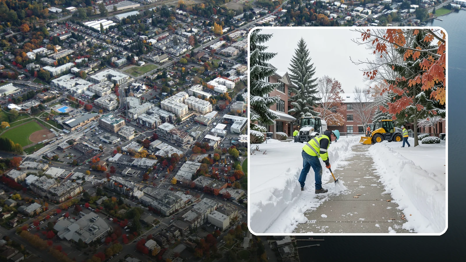 Courtyard Snow Removal in Kirkland, King County, WA - We remove snow from enclosed courtyards and interior common areas so residents and staff can cross them safely in Western...