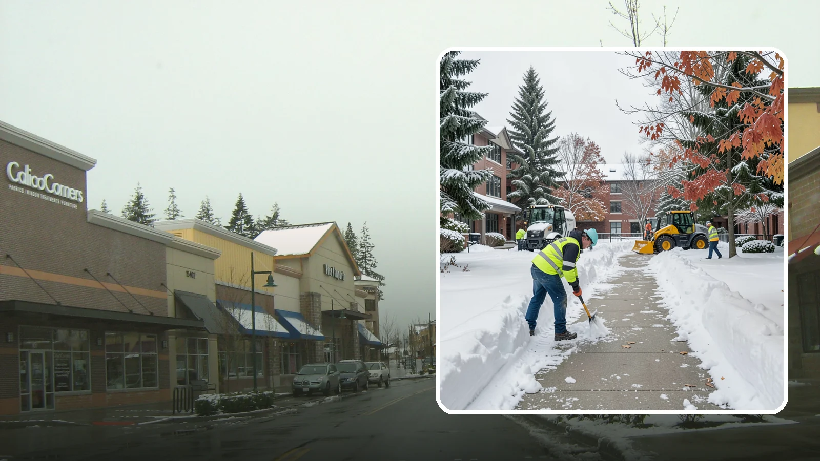 Courtyard Snow Removal in Mill Creek, Snohomish County, WA - We remove snow from enclosed courtyards and interior common areas so residents and staff can cross them safely in Western...