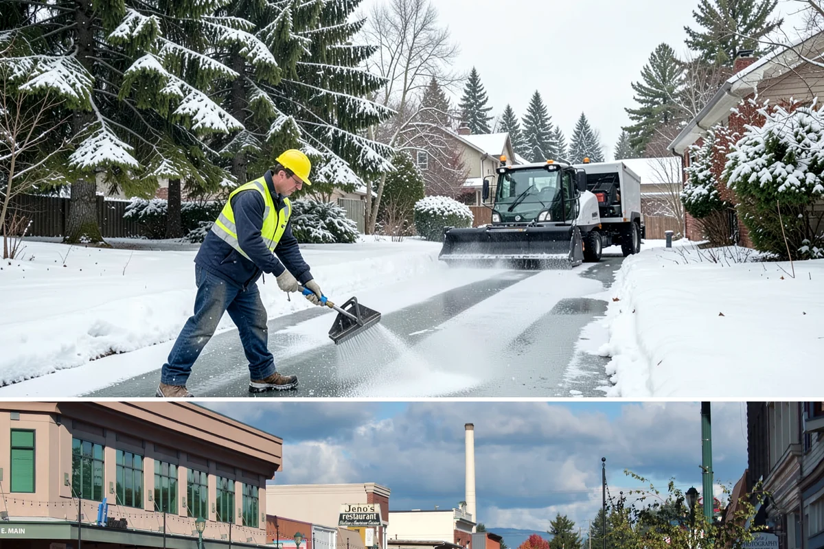 Courtyard Snow Removal in Monroe, Snohomish County, WA - Cleared after every snow event through the season since enclosed courtyards thaw slowly in our climate.