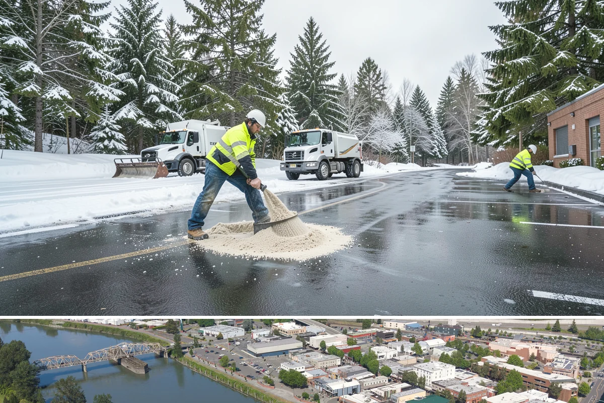 Courtyard Snow Removal in Mount Vernon, Skagit County, WA - Cleared after every snow event through the season since enclosed courtyards thaw slowly in our climate.