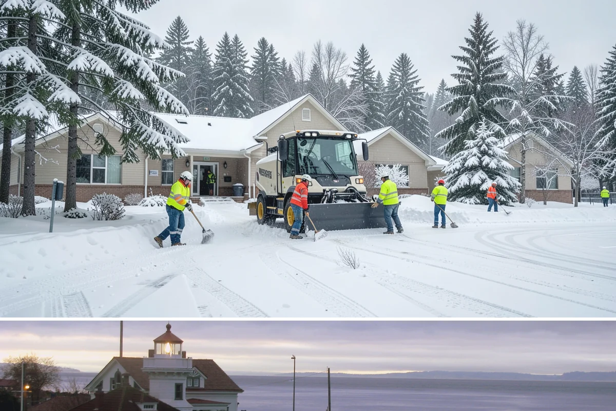 Courtyard Snow Removal in Mukilteo, Snohomish County, WA - Cleared after every snow event through the season since enclosed courtyards thaw slowly in our climate.