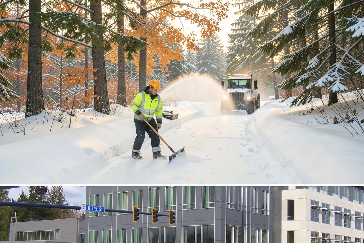 Courtyard Snow Removal in Shoreline, King County, WA - Cleared after every snow event through the season since enclosed courtyards thaw slowly in our climate.