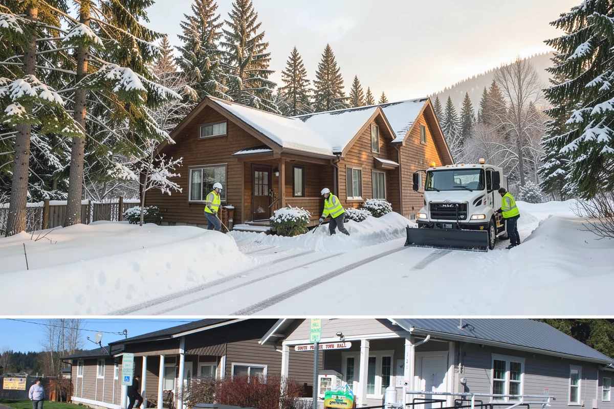 Courtyard Snow Removal in South Prairie, Pierce County, WA - Cleared after every snow event through the season since enclosed courtyards thaw slowly in our climate.