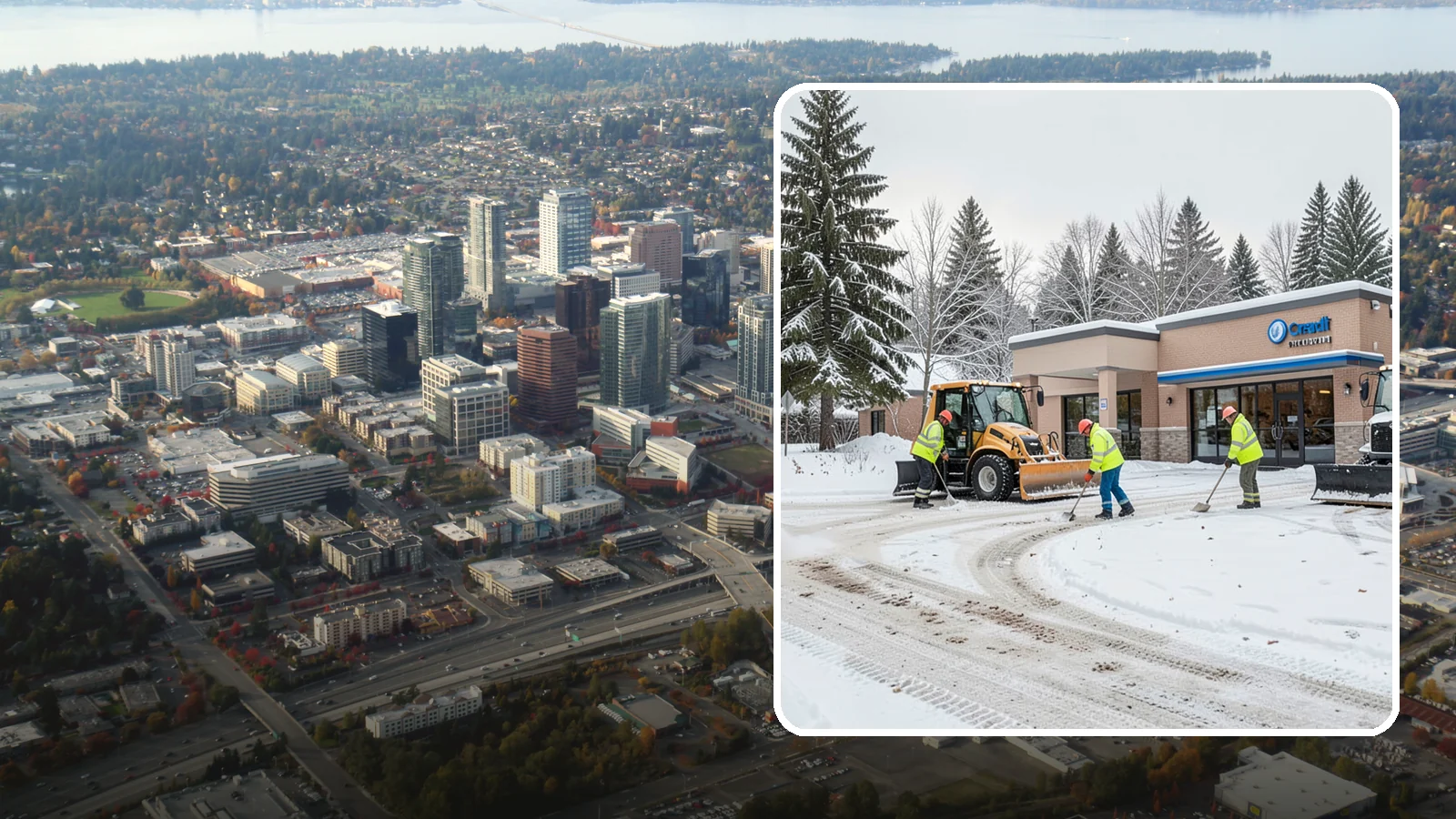 Credit Union Snow Removal in Bellevue, King County, WA - We keep your credit union's member lots, drive-up lanes, and entrances safe so serving your community never stops for the weather.