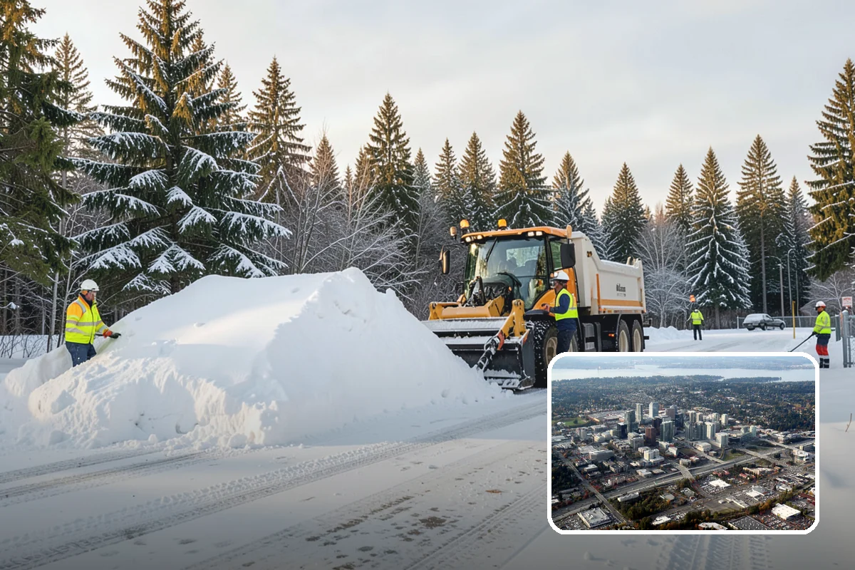 Credit Union Snow Removal in Bellevue, King County, WA - Member lots and drive-up lanes cleared before hours