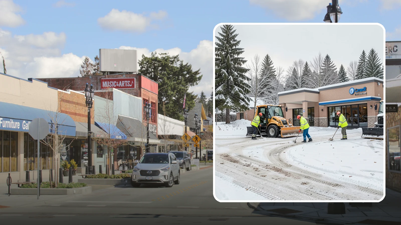 Credit Union Snow Removal in Bothell, King County, WA - We keep your credit union's member lots, drive-up lanes, and entrances safe so serving your community never stops for the weather.