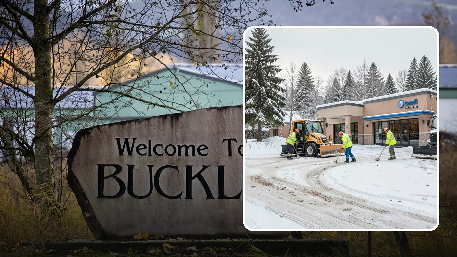 Credit Union Snow Removal in Buckley, Pierce County, WA - We keep your credit union's member lots, drive-up lanes, and entrances safe so serving your community never stops for the weather.