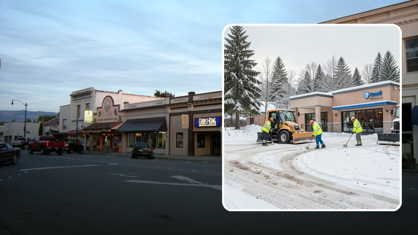 Credit Union Snow Removal in Burlington, Skagit County, WA - We keep your credit union's member lots, drive-up lanes, and entrances safe so serving your community never stops for the weather.
