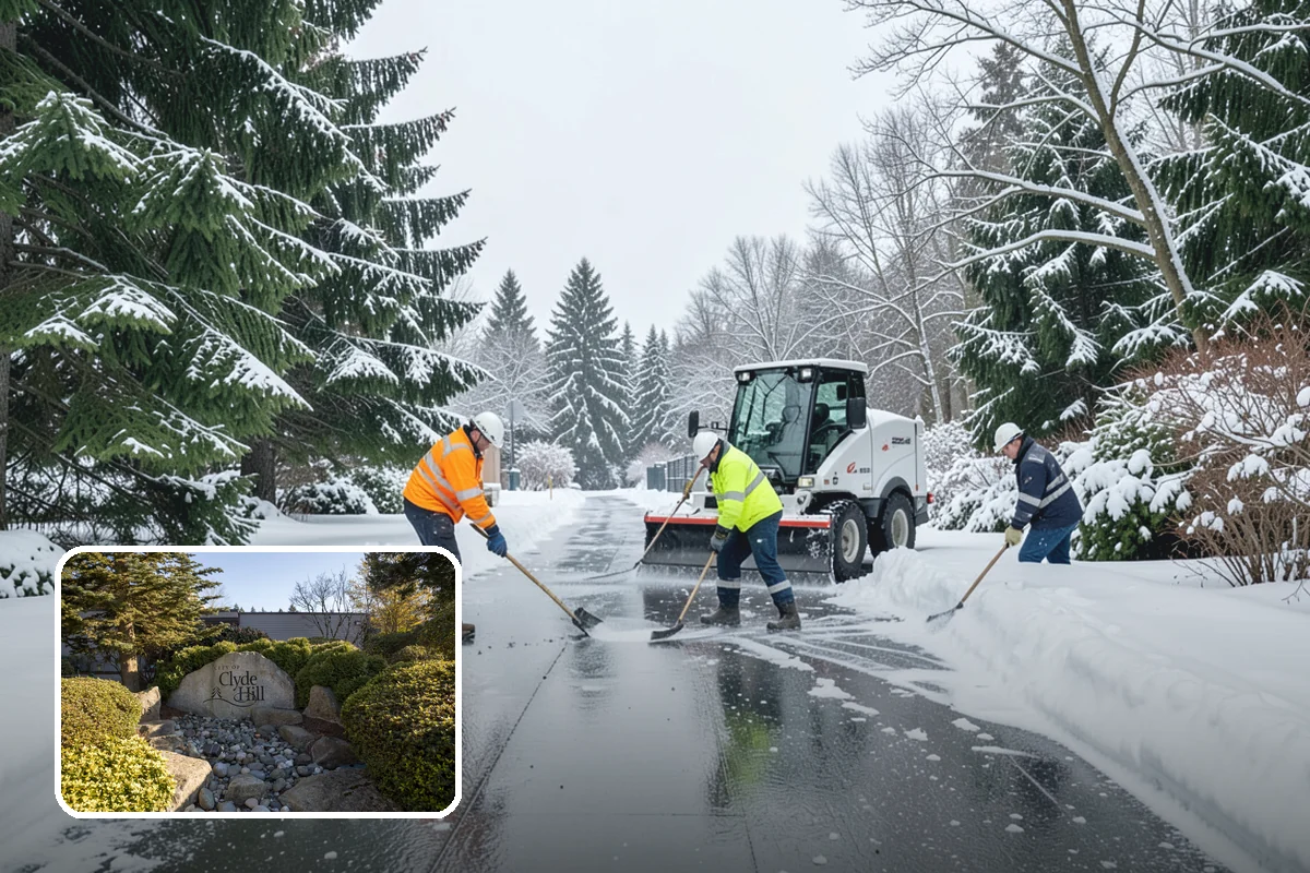 Credit Union Snow Removal in Clyde Hill, King County, WA - Member lots and drive-up lanes cleared before hours