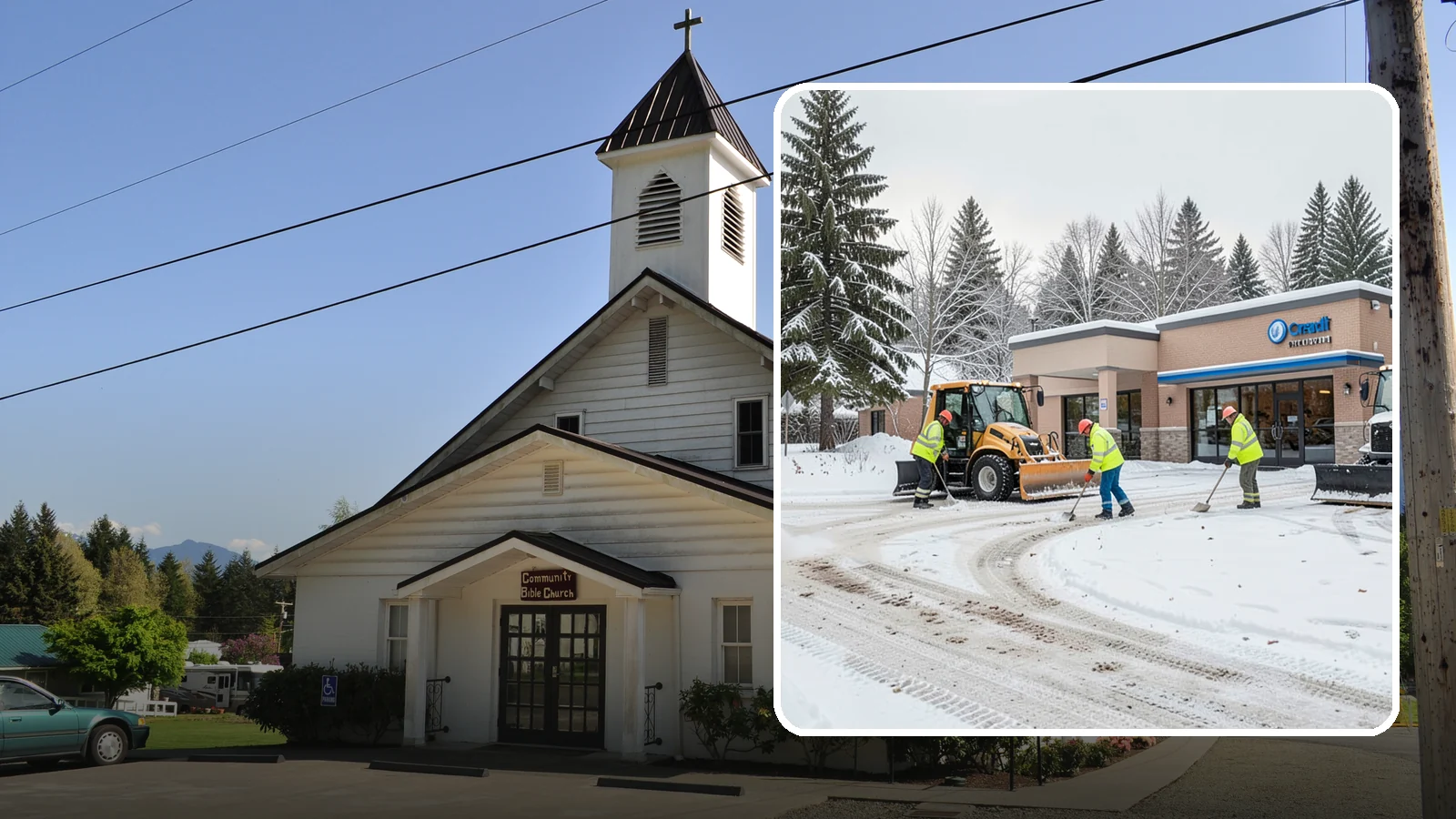 Credit Union Snow Removal in Concrete, Skagit County, WA - We keep your credit union's member lots, drive-up lanes, and entrances safe so serving your community never stops for the weather.