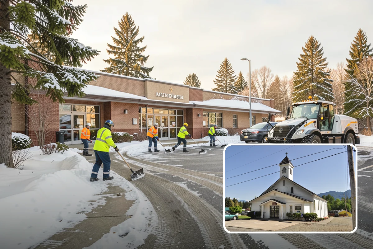 Credit Union Snow Removal in Concrete, Skagit County, WA - Member lots and drive-up lanes cleared before hours